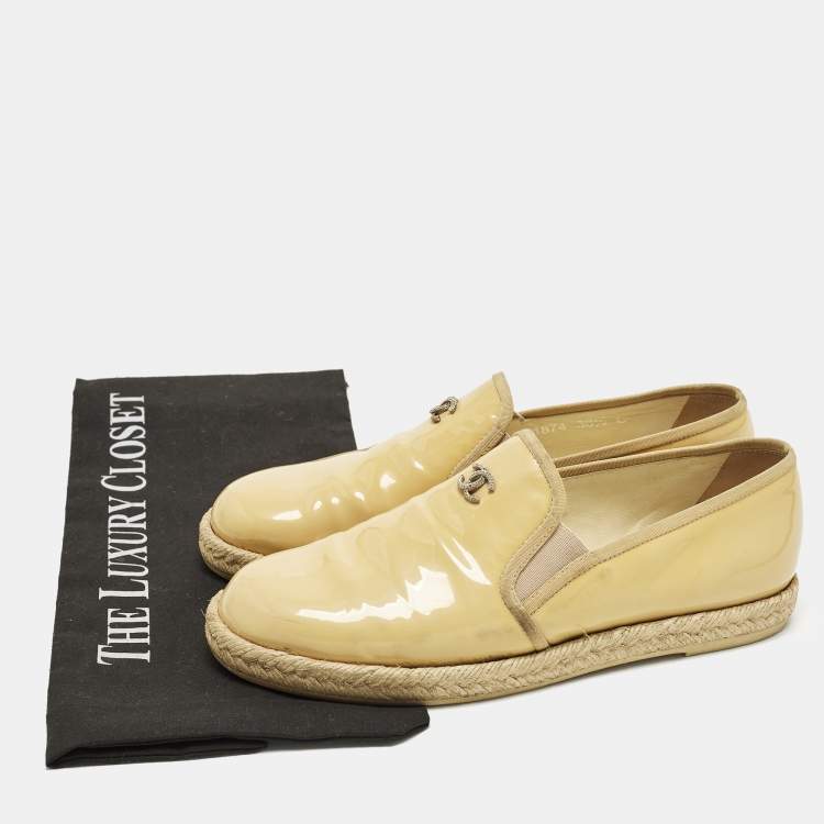 Pre Owned Chanel Size 36.5 Beige Patent Leather Espadrille Loafers