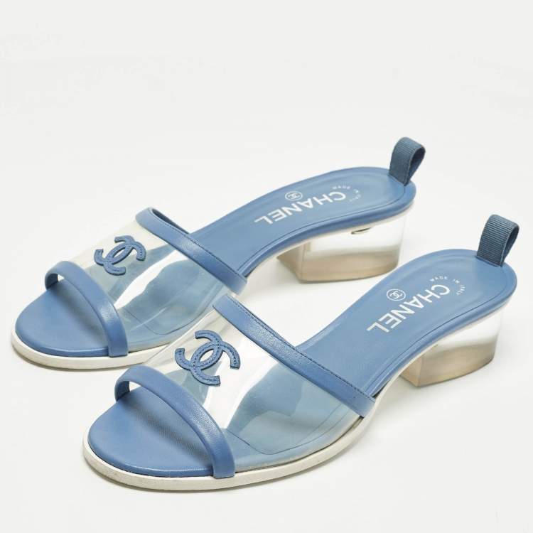 Pre Owned Chanel CC Size 39 Transparent/Blue  Leather and PVC Slide Sandals