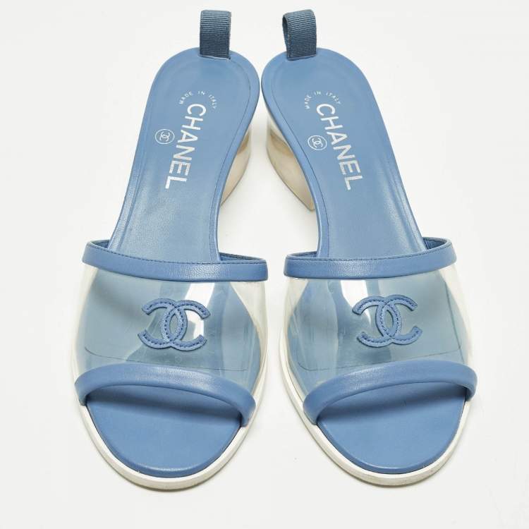 Pre Owned Chanel CC Size 39 Transparent/Blue  Leather and PVC Slide Sandals
