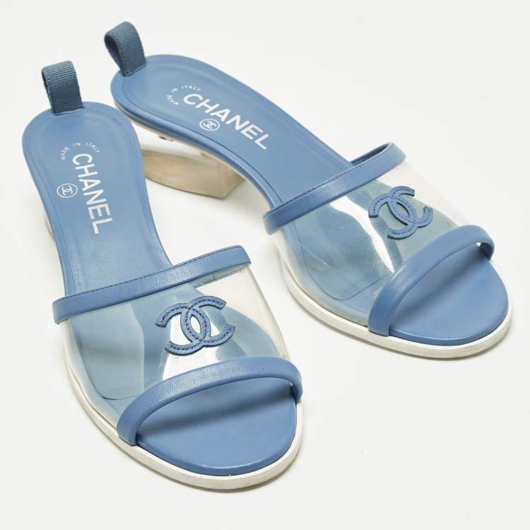 Pre Owned Chanel CC Size 39 Transparent/Blue  Leather and PVC Slide Sandals