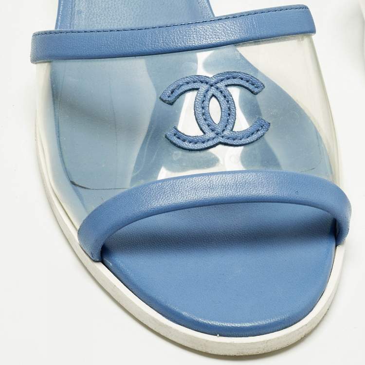 Pre Owned Chanel CC Size 39 Transparent/Blue  Leather and PVC Slide Sandals
