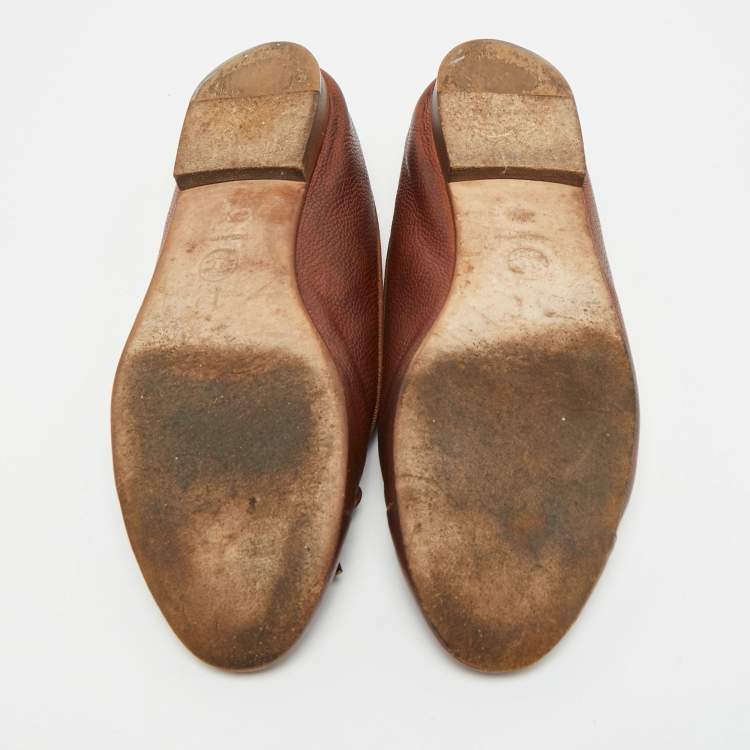 مملوكة مسبقًا Chanel CC Size 37.5 Brown Leather Cap Toe Bow Ballet Flats