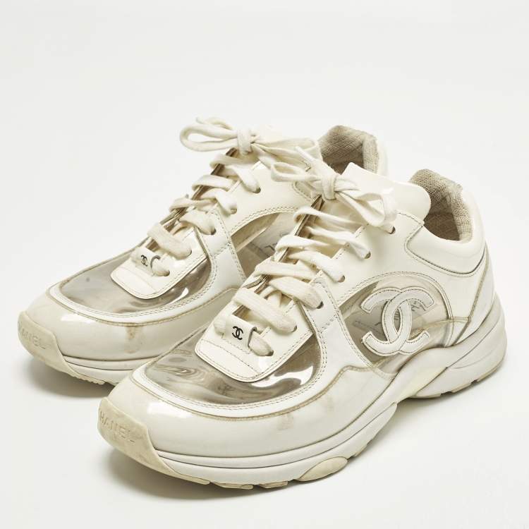 Pre Owned Chanel CC Size 38 White Patent Leather and PVC Low Top Sneakers