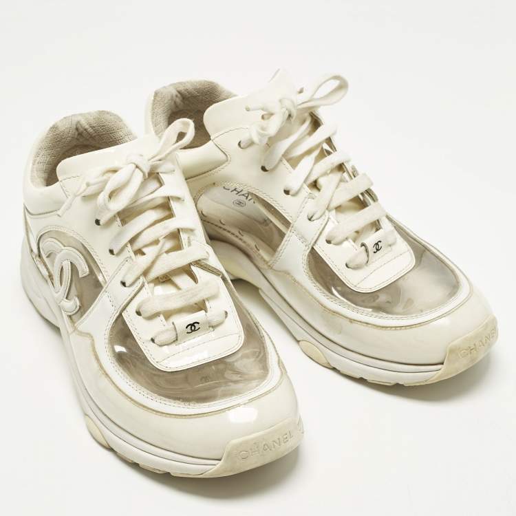 Pre Owned Chanel CC Size 38 White Patent Leather and PVC Low Top Sneakers