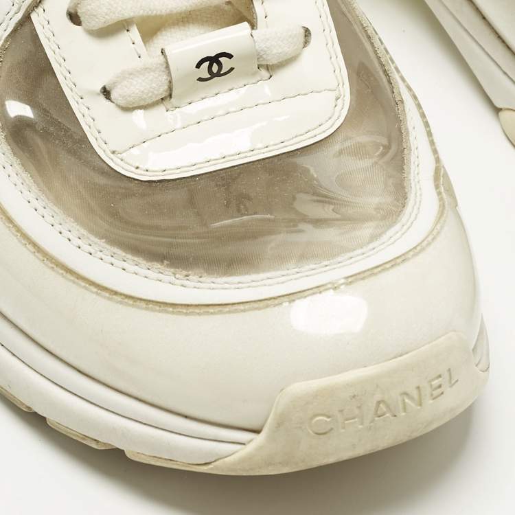 Pre Owned Chanel CC Size 38 White Patent Leather and PVC Low Top Sneakers