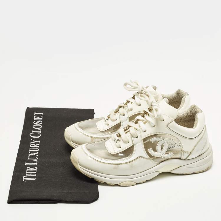 Pre Owned Chanel CC Size 38 White Patent Leather and PVC Low Top Sneakers