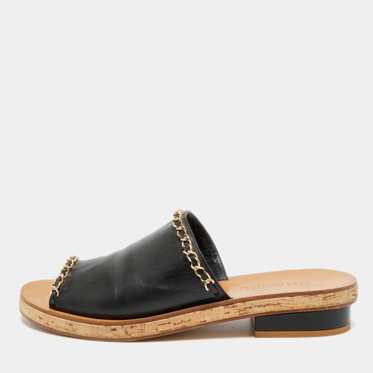 Pre Owned Chanel Size 41.5 Black Leather Chain Link Cork Slide Sandals