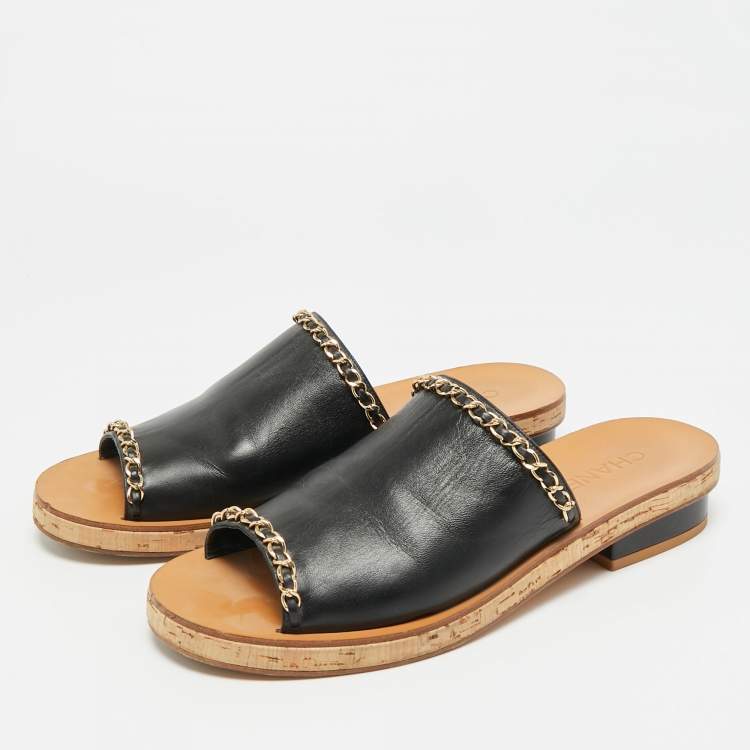 Pre Owned Chanel Size 41.5 Black Leather Chain Link Cork Slide Sandals