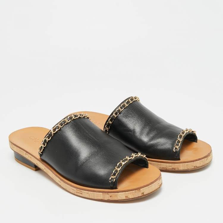Pre Owned Chanel Size 41.5 Black Leather Chain Link Cork Slide Sandals