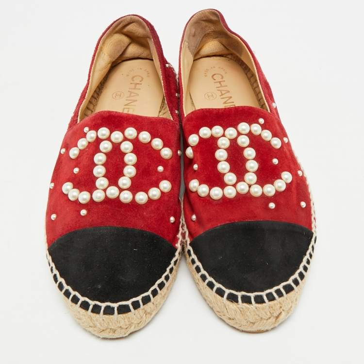 Pre Owned Chanel CC Size 38 Burgundy/Black Suede Espadrille Flats