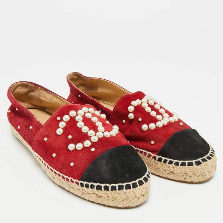 Pre Owned Chanel CC Size 38 Burgundy/Black Suede Espadrille Flats