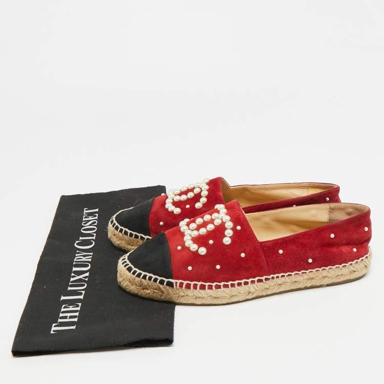 Pre Owned Chanel CC Size 38 Burgundy/Black Suede Espadrille Flats