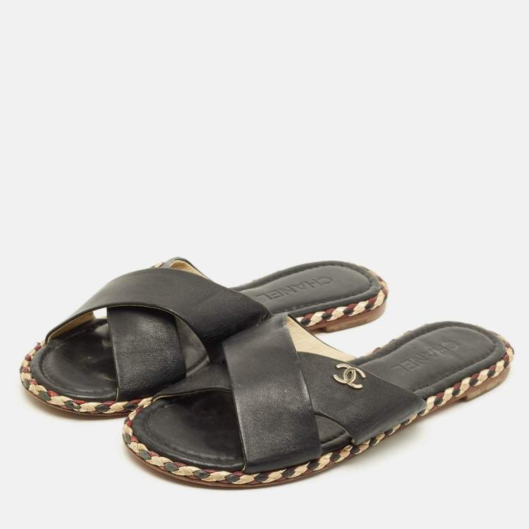 Pre Owned Chanel Size 41 Black Leather Braided Trim Crisscross CC Flat Slides