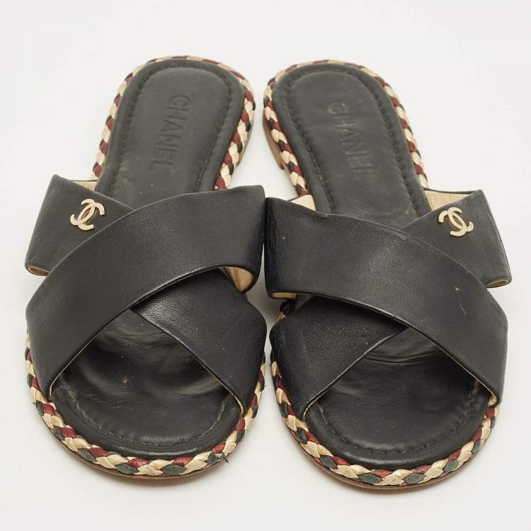 Pre Owned Chanel Size 41 Black Leather Braided Trim Crisscross CC Flat Slides