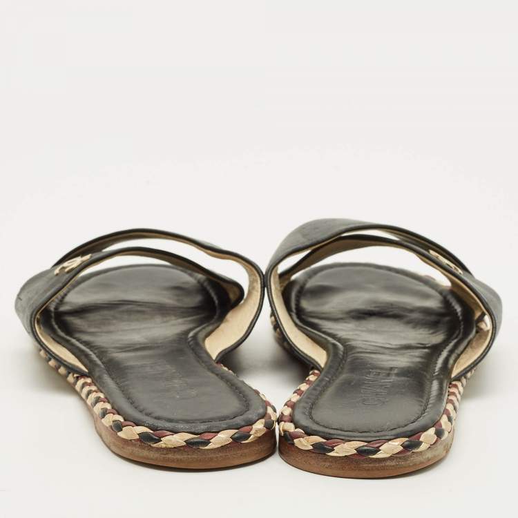 Pre Owned Chanel Size 41 Black Leather Braided Trim Crisscross CC Flat Slides