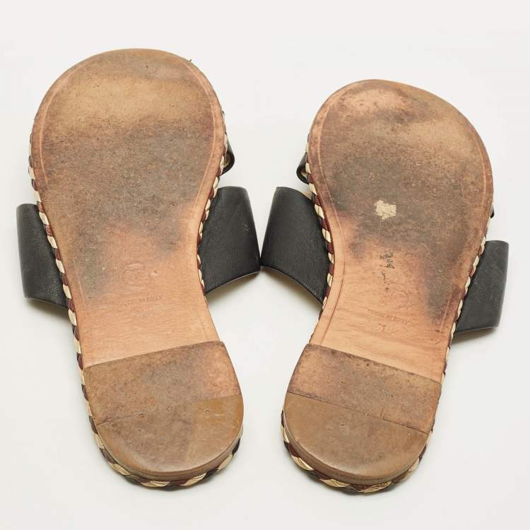 Pre Owned Chanel Size 41 Black Leather Braided Trim Crisscross CC Flat Slides