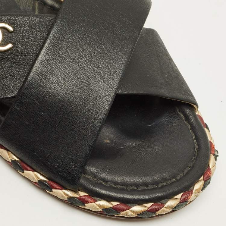 Pre Owned Chanel Size 41 Black Leather Braided Trim Crisscross CC Flat Slides