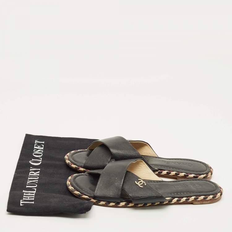 Pre Owned Chanel Size 41 Black Leather Braided Trim Crisscross CC Flat Slides