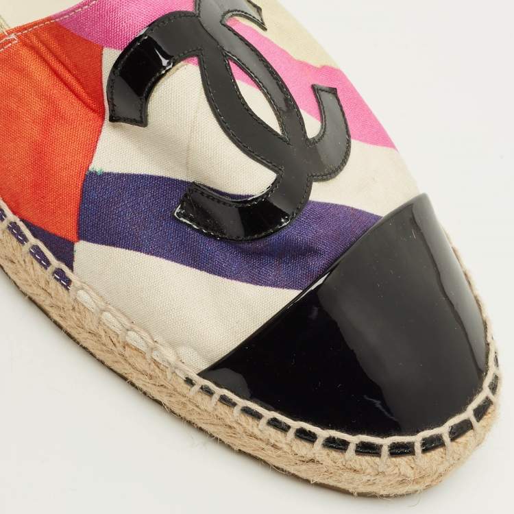 Pre Owned Chanel Coco Size 39 Multicolor Canvas and Patent Leather Espadrille Flats