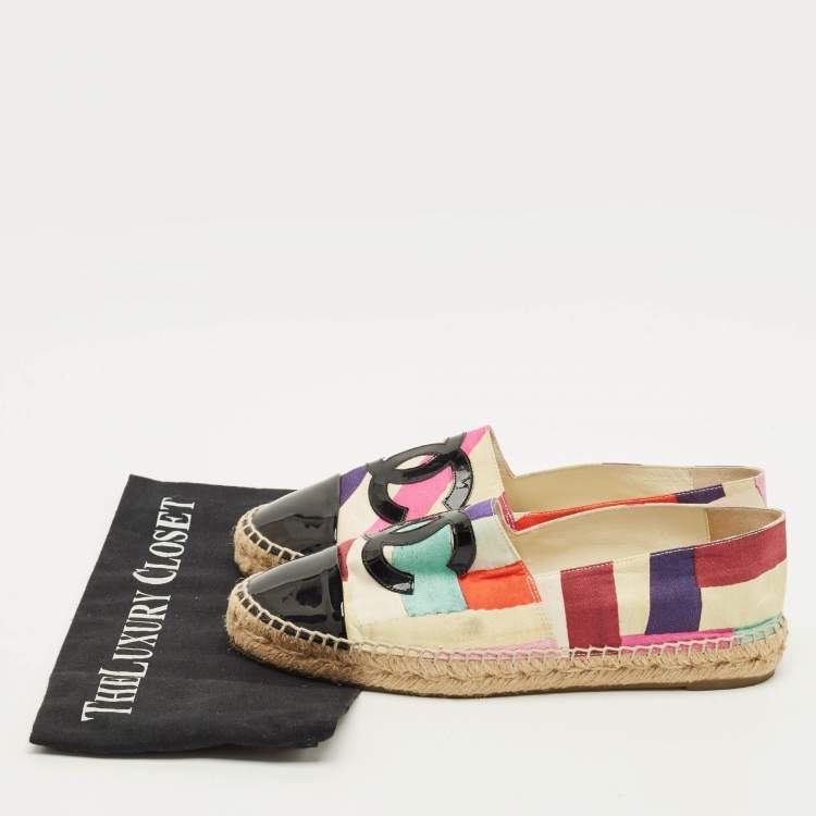 Pre Owned Chanel Coco Size 39 Multicolor Canvas and Patent Leather Espadrille Flats