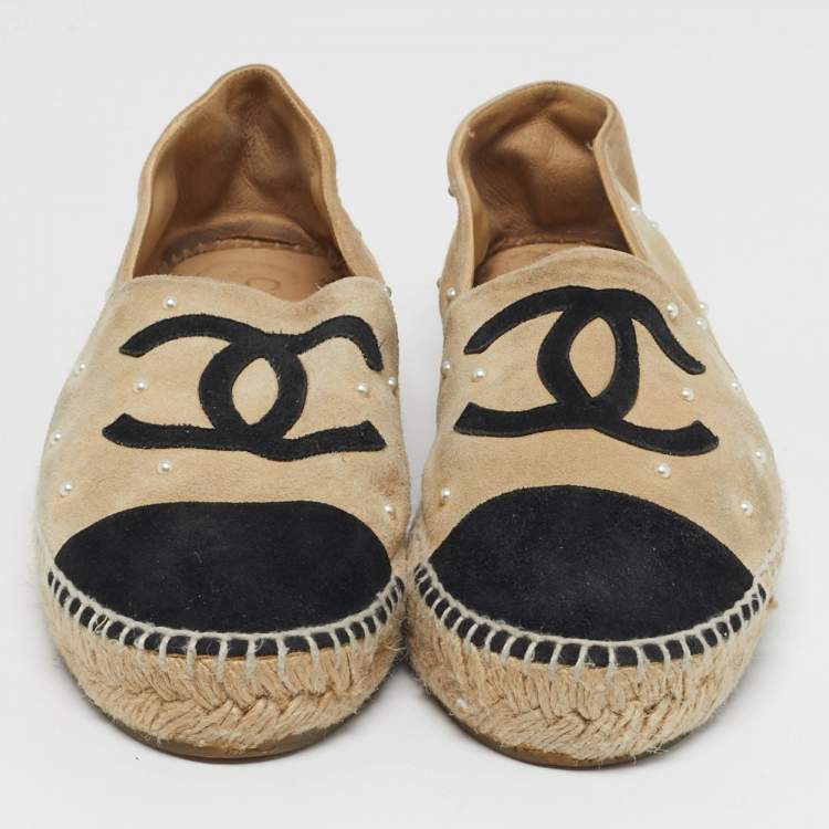 Pre Owned Chanel CC Size 39 Beige Suede Pearl Espadrille Flats