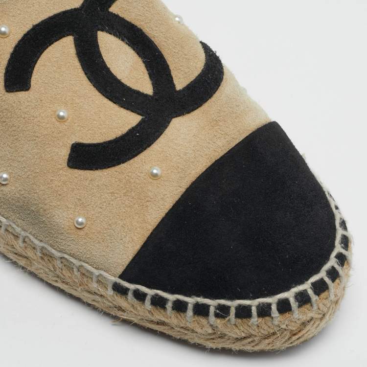 Pre Owned Chanel CC Size 39 Beige Suede Pearl Espadrille Flats