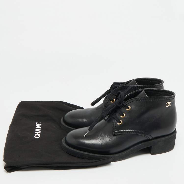 Pre Owned Chanel CC Size 38 Black Leather Lace Up Ankle Length Boots