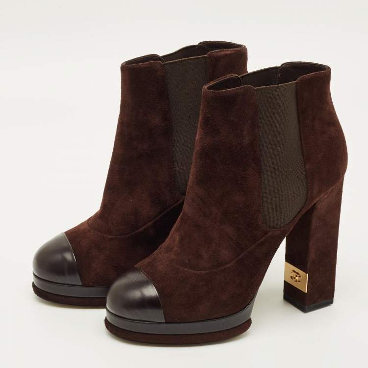 Pre Owned Chanel Size 39 Brown/Black Leather and Suede Ankle Length Boots