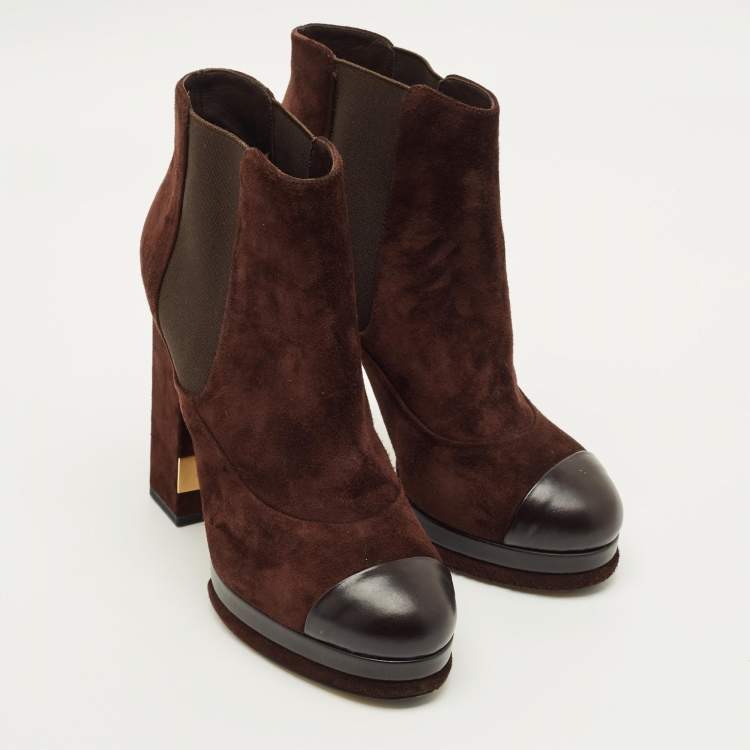 Pre Owned Chanel Size 39 Brown/Black Leather and Suede Ankle Length Boots