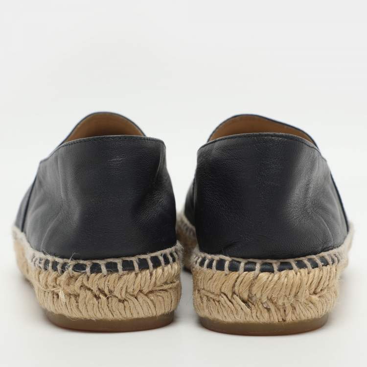 Pre Owned Chanel CC Size 39 Navy Blue/Black Leather Cap Toe Espadrille Flats