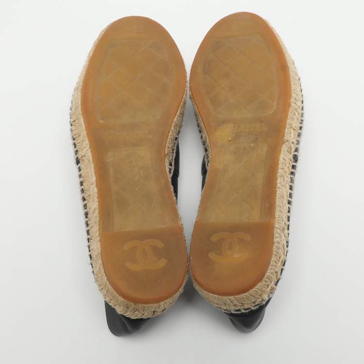Pre Owned Chanel CC Size 39 Navy Blue/Black Leather Cap Toe Espadrille Flats
