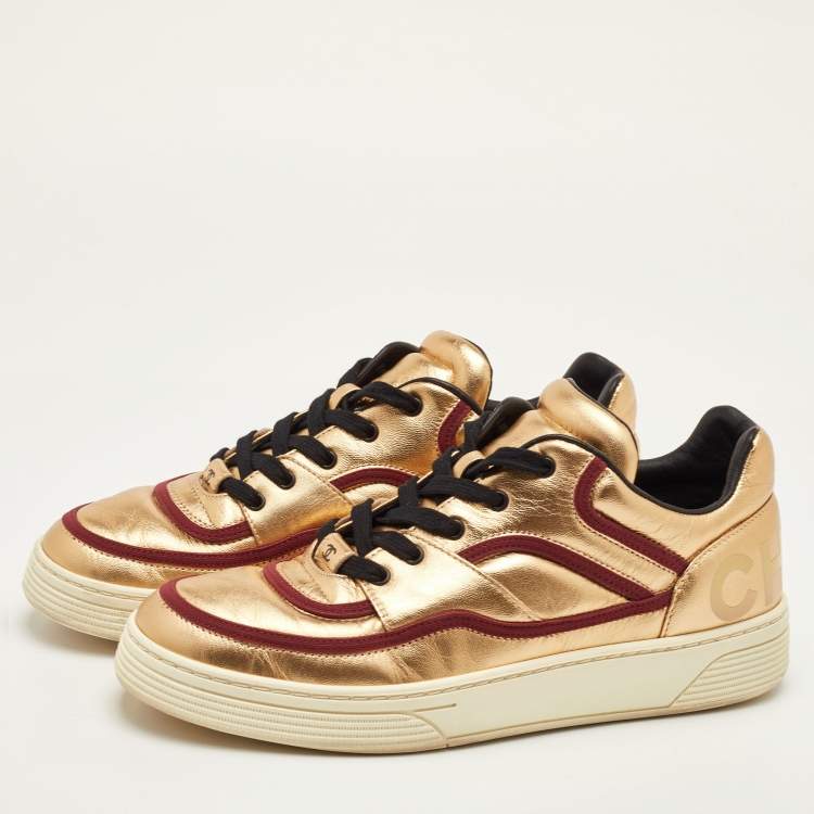 Pre Owned Chanel CC Size 38 Gold/Burgundy Leather Low Top Sneakers