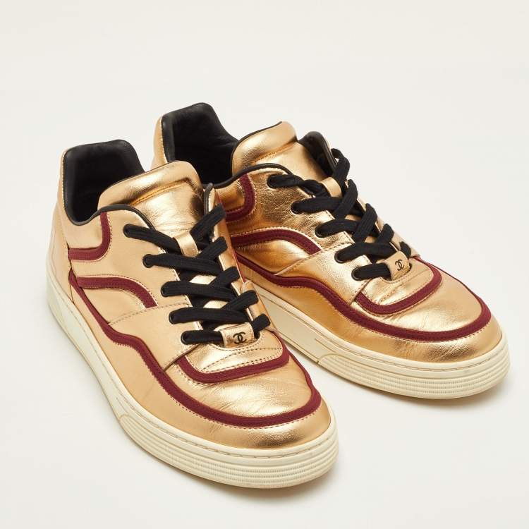 Pre Owned Chanel CC Size 38 Gold/Burgundy Leather Low Top Sneakers