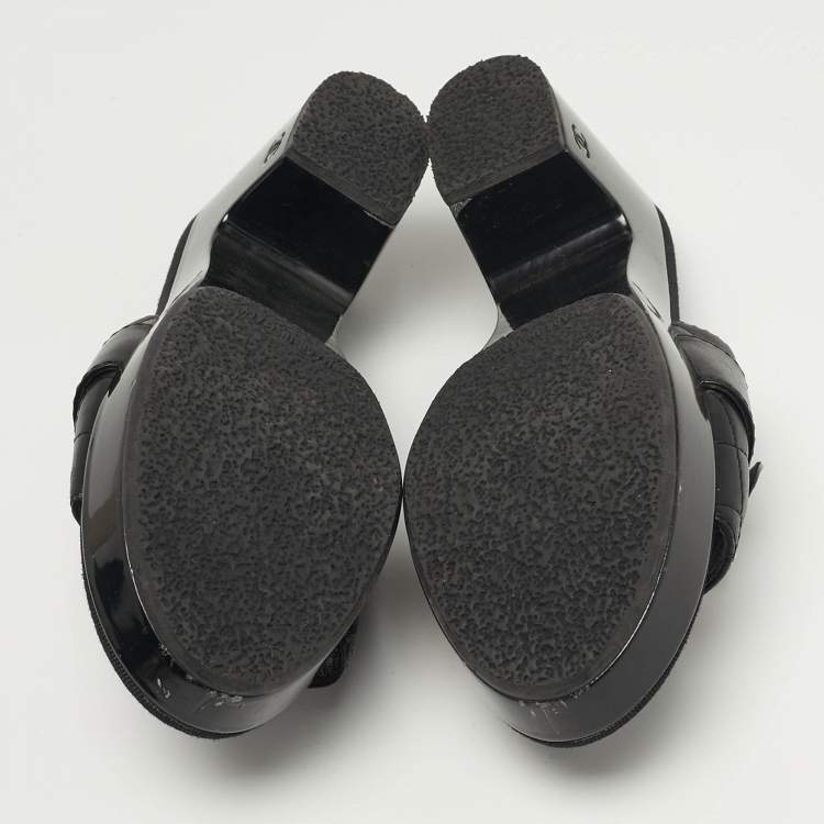 Pre Owned Chanel  Size 37.5 Black Quilted Leather CC Turn Lock Platform Slide Sandals