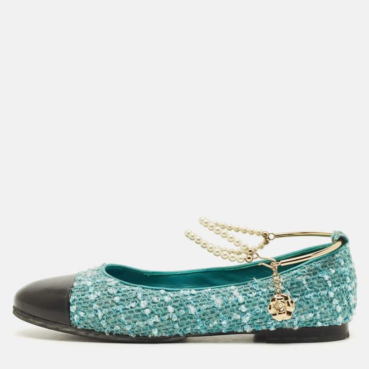 Pre Owned Chanel Size 37.5 Blue Leather and Tweed Ankle Chain with Faux Pearls Ballet Flats