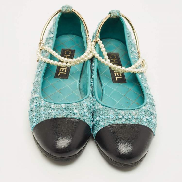 Pre Owned Chanel Size 37.5 Blue Leather and Tweed Ankle Chain with Faux Pearls Ballet Flats