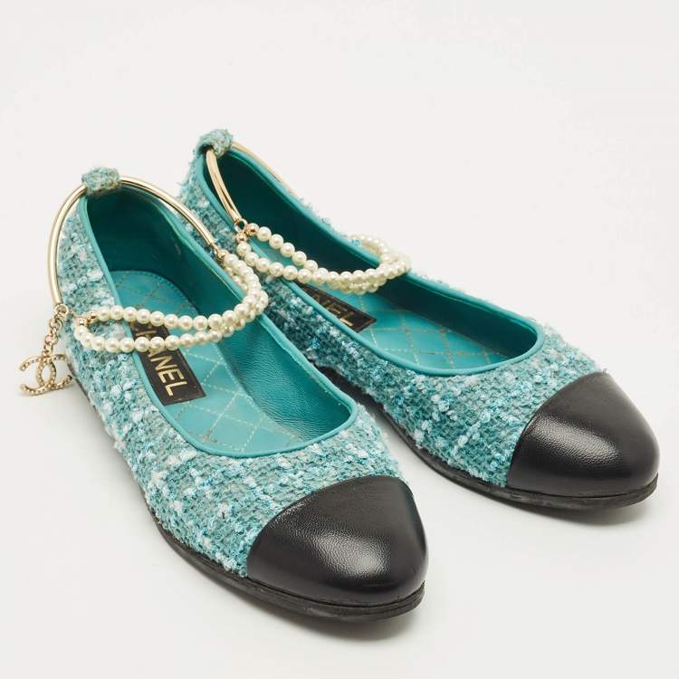Pre Owned Chanel Size 37.5 Blue Leather and Tweed Ankle Chain with Faux Pearls Ballet Flats