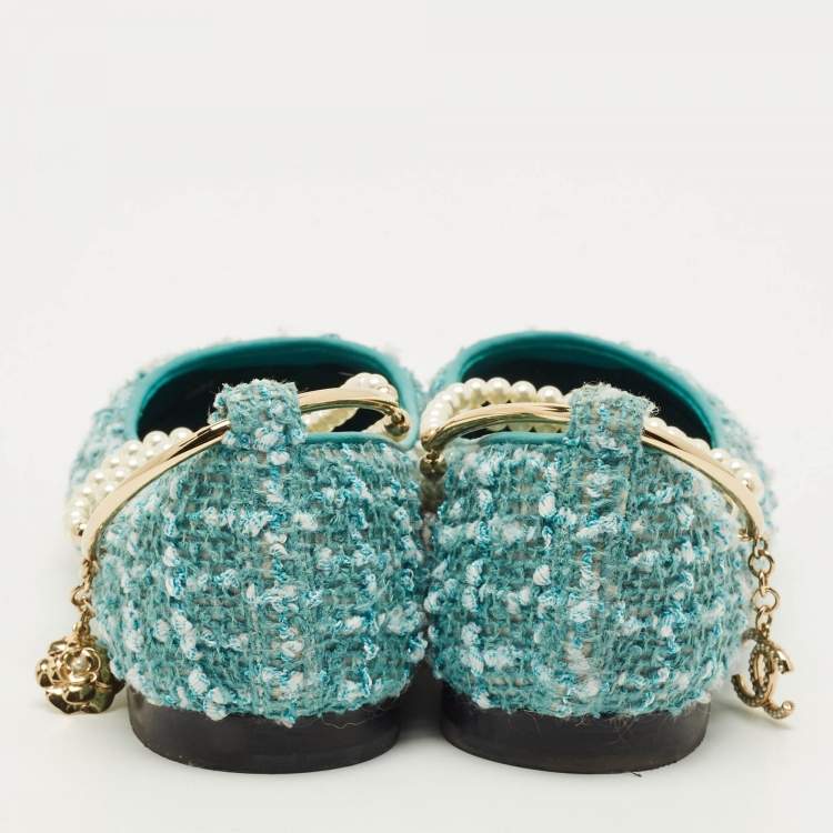 Pre Owned Chanel Size 37.5 Blue Leather and Tweed Ankle Chain with Faux Pearls Ballet Flats