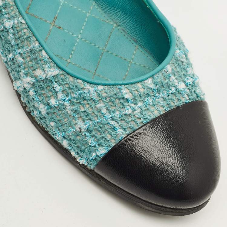 Pre Owned Chanel Size 37.5 Blue Leather and Tweed Ankle Chain with Faux Pearls Ballet Flats