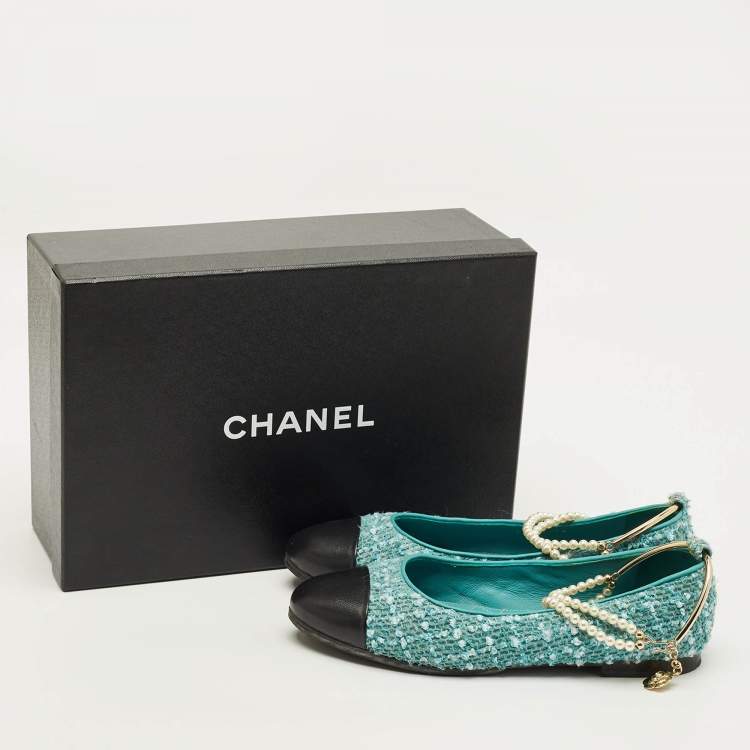 Pre Owned Chanel Size 37.5 Blue Leather and Tweed Ankle Chain with Faux Pearls Ballet Flats