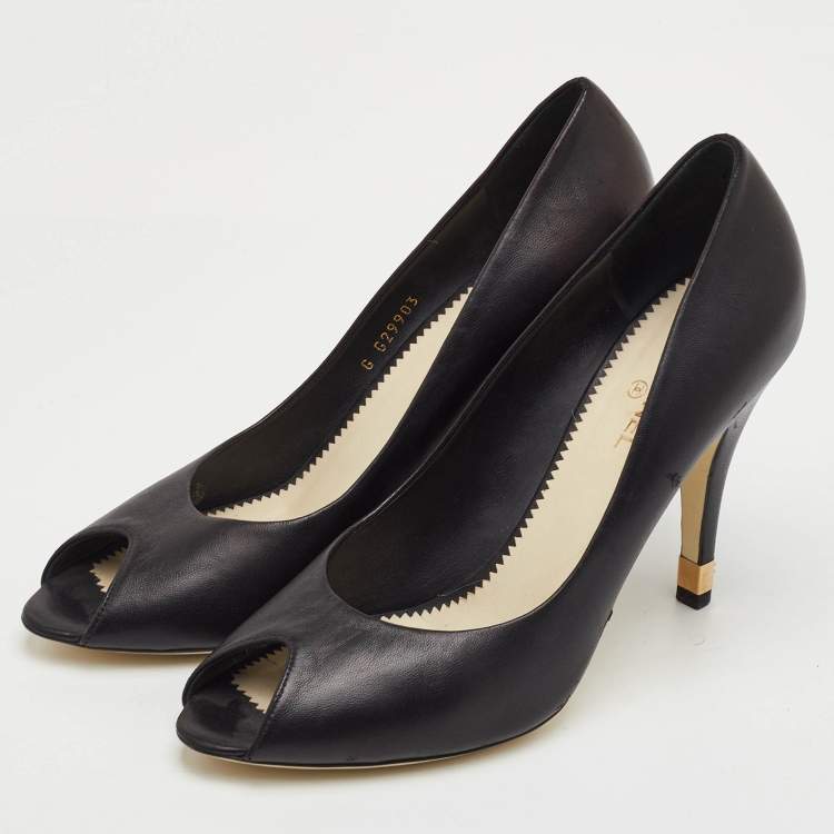 Pre Owned Chanel Size 41 Black Leather CC Heel Peep Toe Pumps