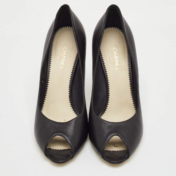 Pre Owned Chanel Size 41 Black Leather CC Heel Peep Toe Pumps