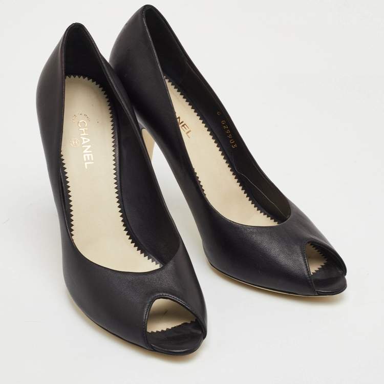 Pre Owned Chanel Size 41 Black Leather CC Heel Peep Toe Pumps