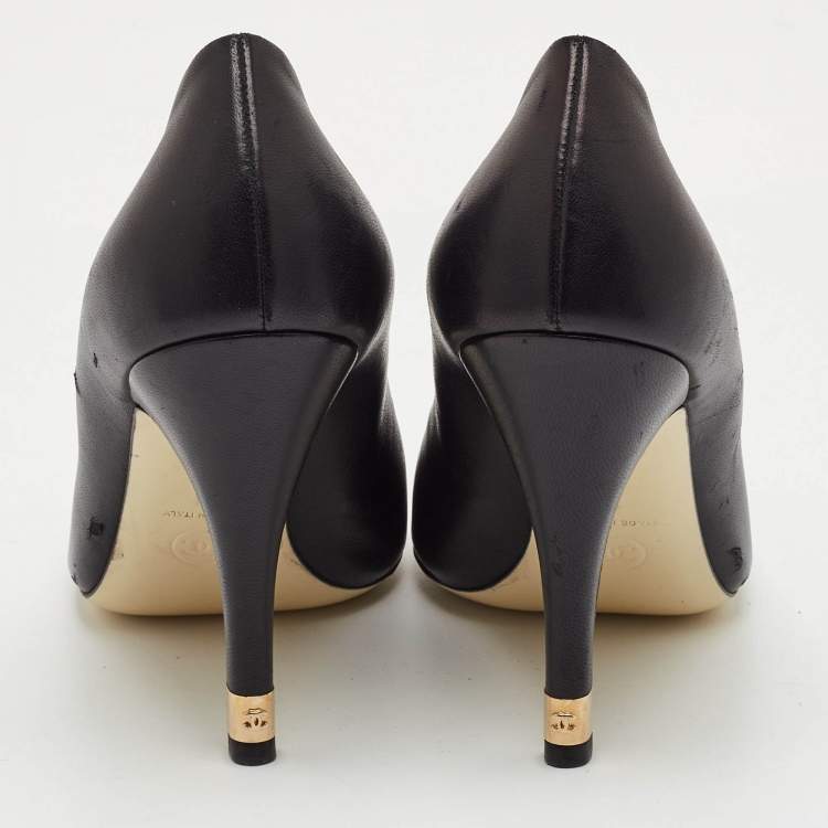 Pre Owned Chanel Size 41 Black Leather CC Heel Peep Toe Pumps