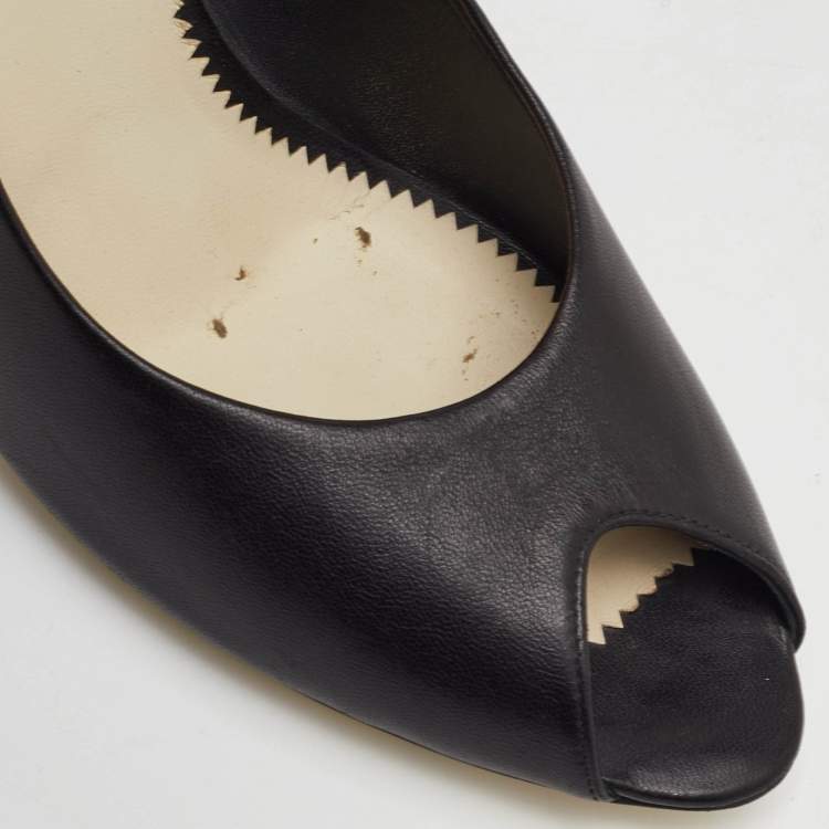 Pre Owned Chanel Size 41 Black Leather CC Heel Peep Toe Pumps