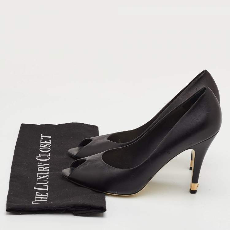 Pre Owned Chanel Size 41 Black Leather CC Heel Peep Toe Pumps