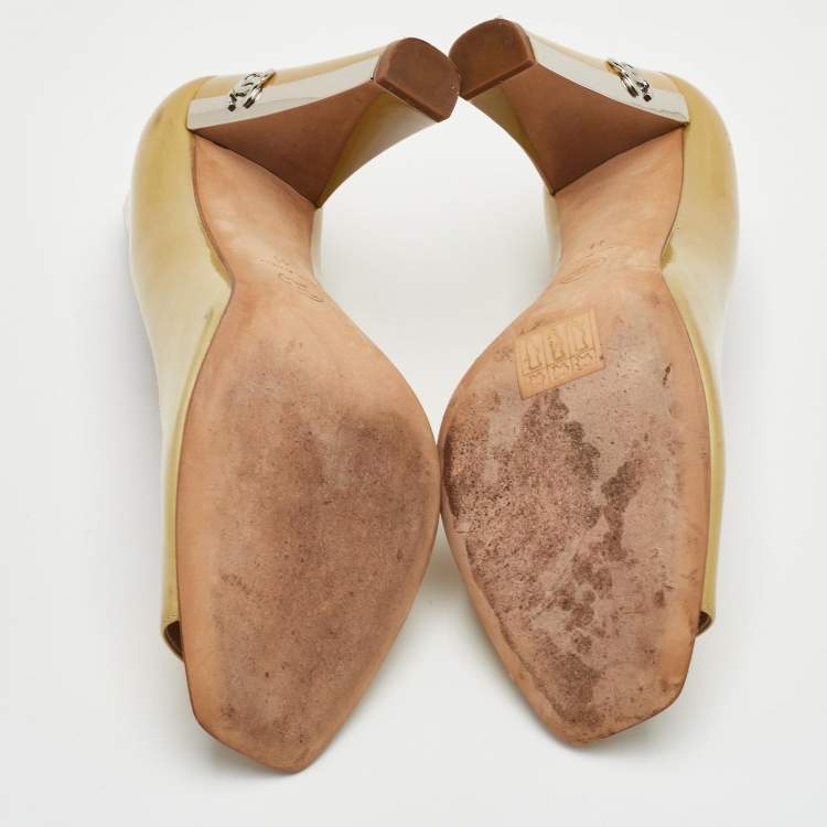 Pre Owned Chanel CC Size 41 Yellow Patent Leather Peep Toe Pumps