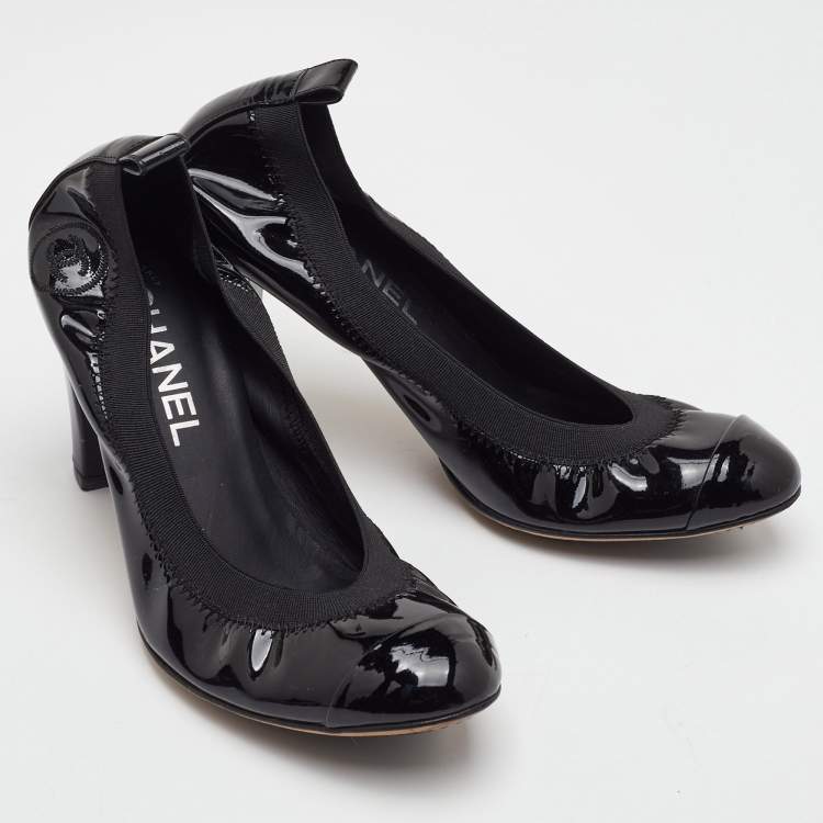 Pre Owned Chanel CC Size 37 Black Patent Leather Cap Toe Scrunch Pumps