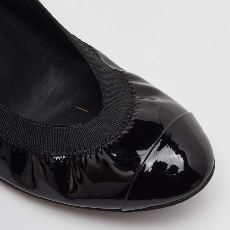 Pre Owned Chanel CC Size 37 Black Patent Leather Cap Toe Scrunch Pumps