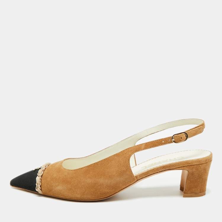 Pre Owned Chanel CC Logo Interlocking Size 40 Brown/Black Suede and Canvas  Slingback Pumps 